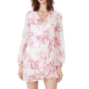 “Triple frill floral long sleeve faux wrap dress” Bardot pink floral dress